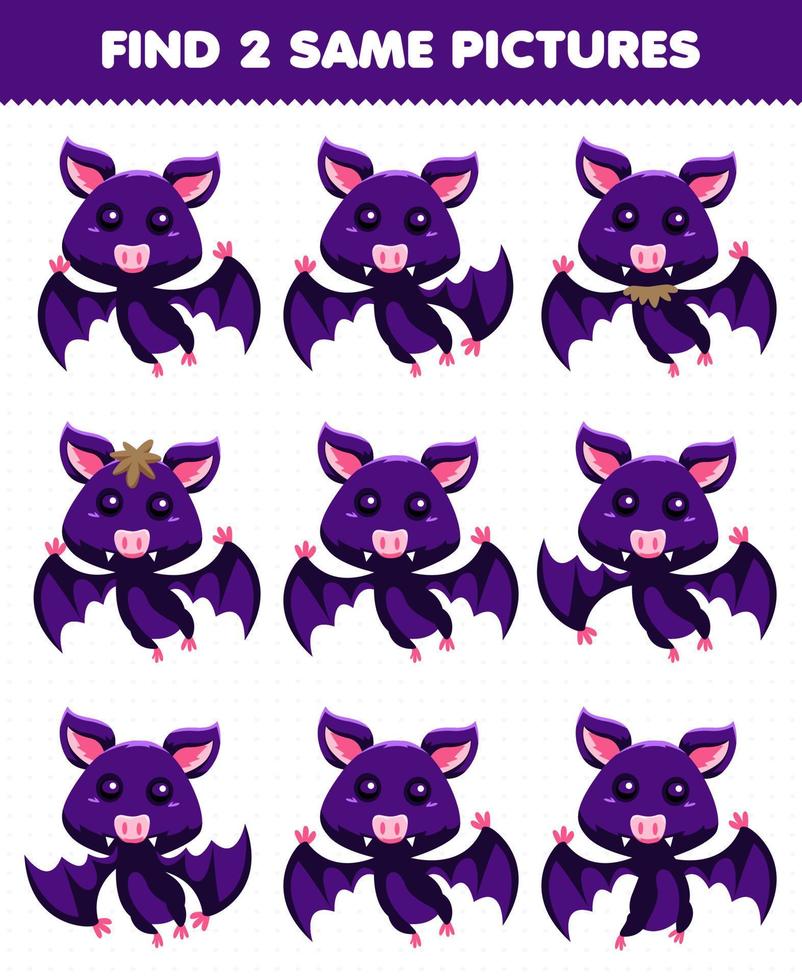 jeu éducatif pour les enfants trouver deux mêmes images chauve-souris mignonne vecteur