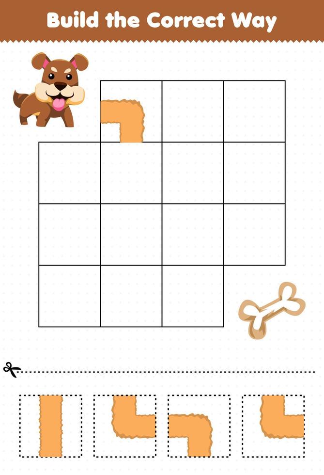 jeu éducatif pour les enfants construire de la bonne manière aider un chien mignon à se déplacer vers l'os vecteur