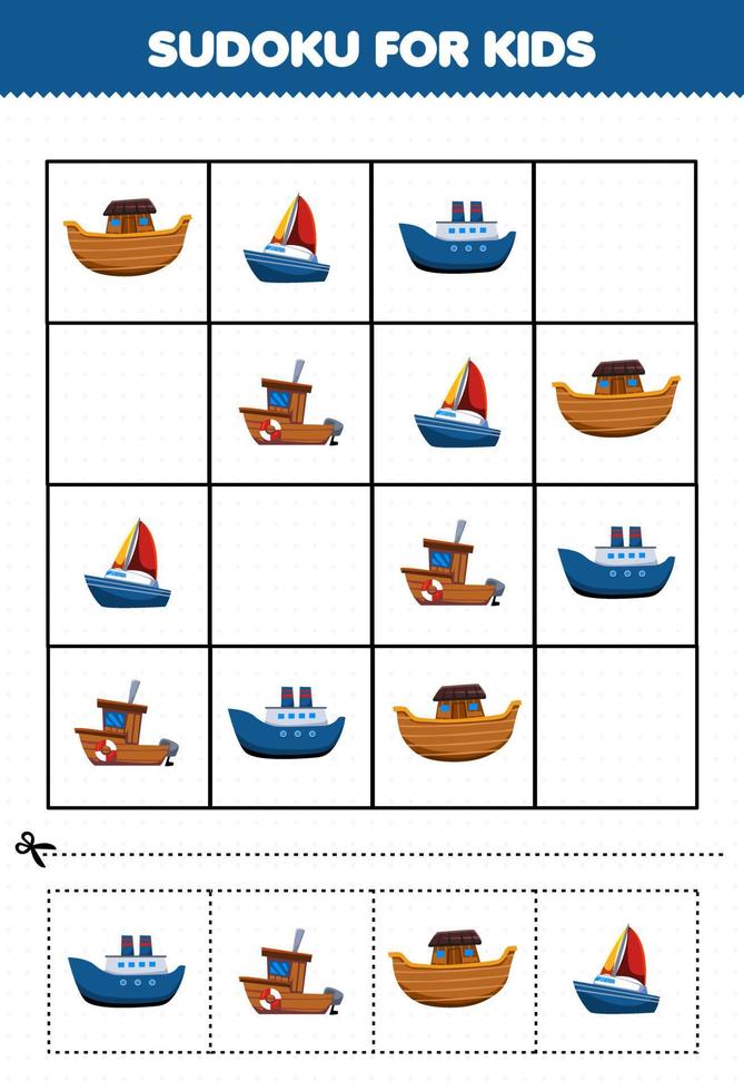 jeu éducatif pour enfants sudoku pour enfants avec image de transport par eau de bateau de dessin animé vecteur