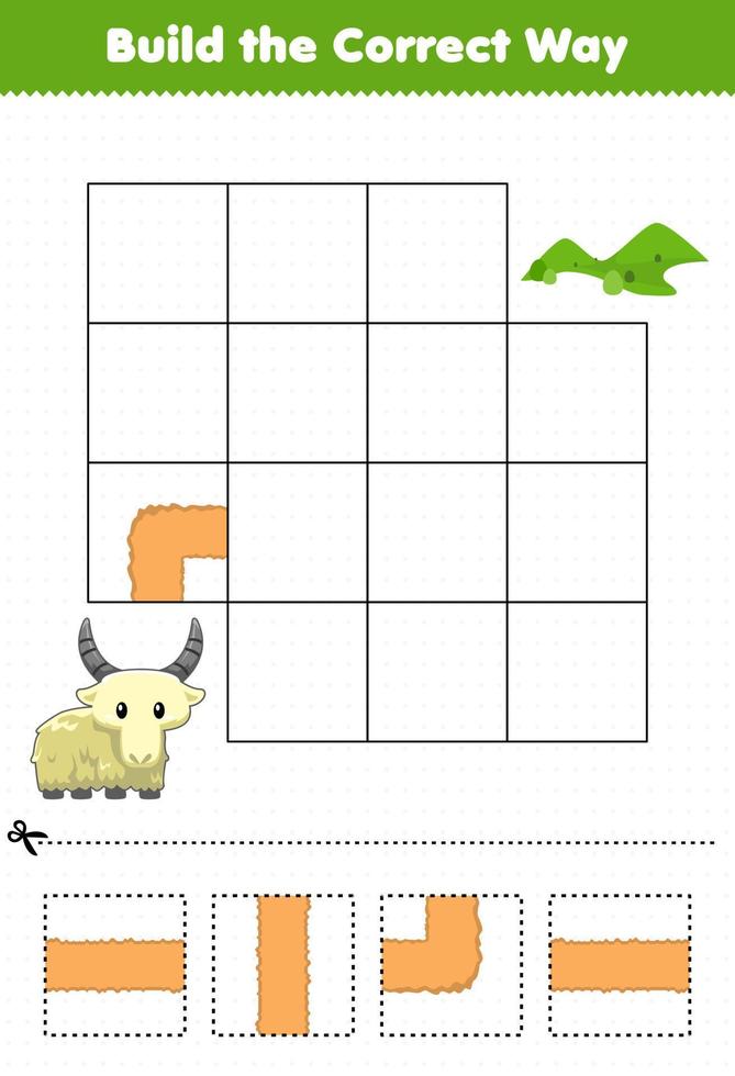 jeu éducatif pour les enfants construire de la bonne manière aider la chèvre mignonne à se déplacer vers la colline verte vecteur