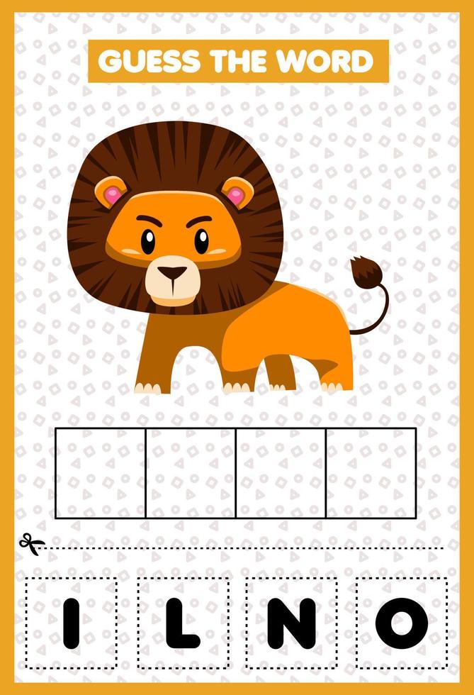 jeu éducatif pour les enfants devinez le mot lettres pratiquant le lion de dessin animé mignon vecteur