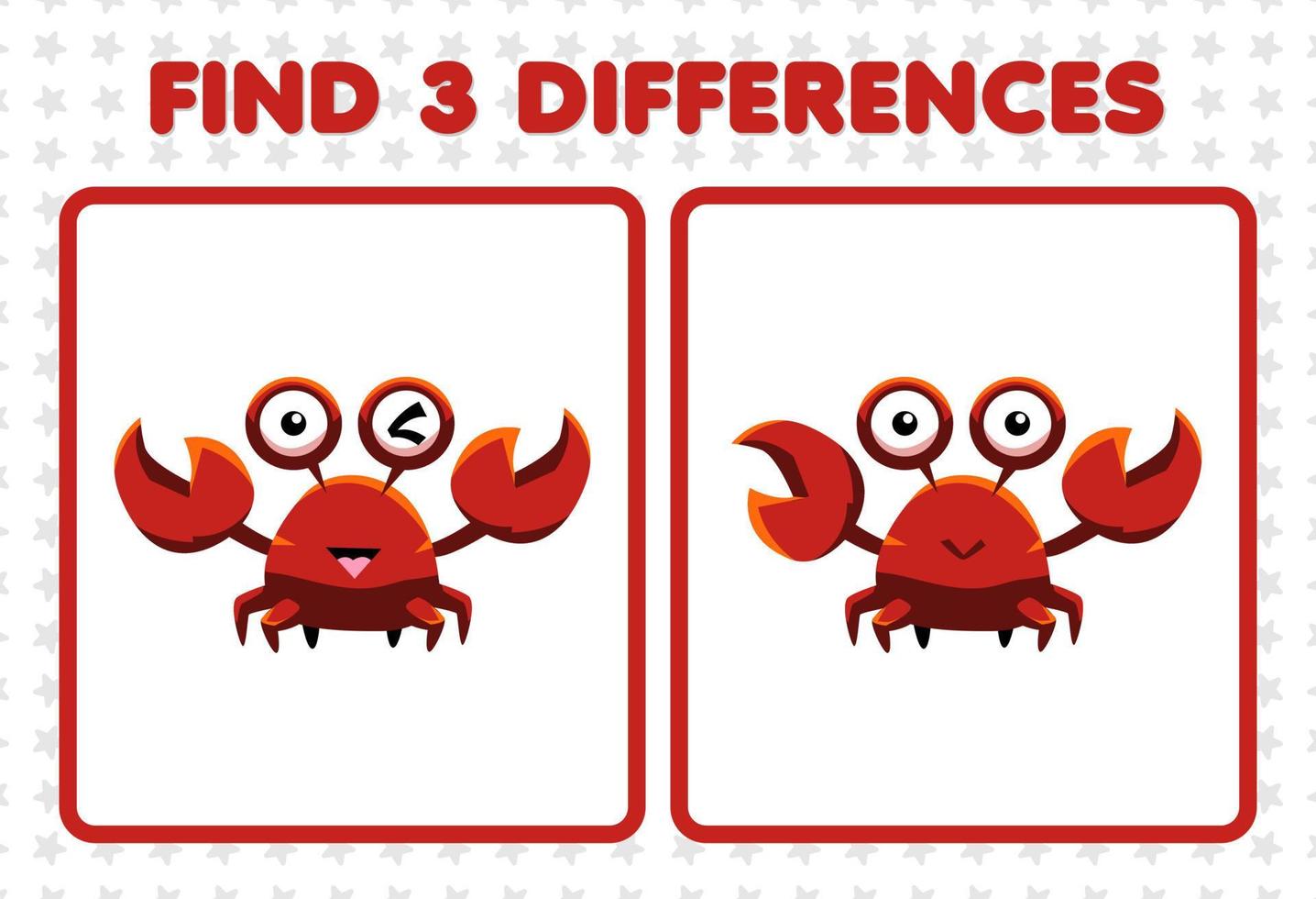 jeu éducatif pour les enfants trouver trois différences entre deux crabes mignons vecteur