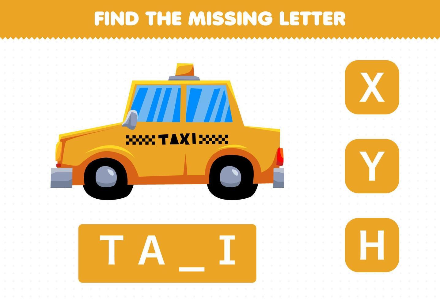jeu éducatif pour les enfants trouver une lettre manquante mignon transport taxi vecteur