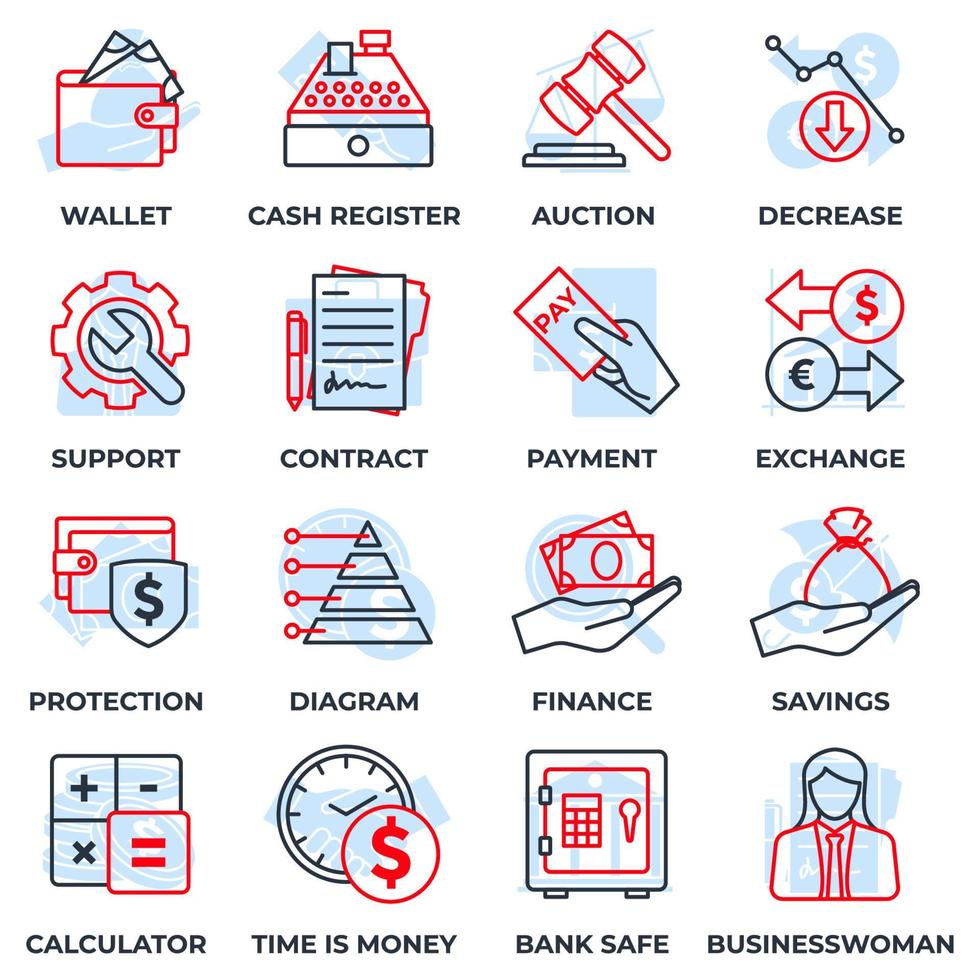 ensemble d'illustration vectorielle de logo icône finance argent. modèle de symbole de pack de finances pour la collection de conception graphique et web. portefeuille, caisse enregistreuse, vente aux enchères, diminution et plus vecteur