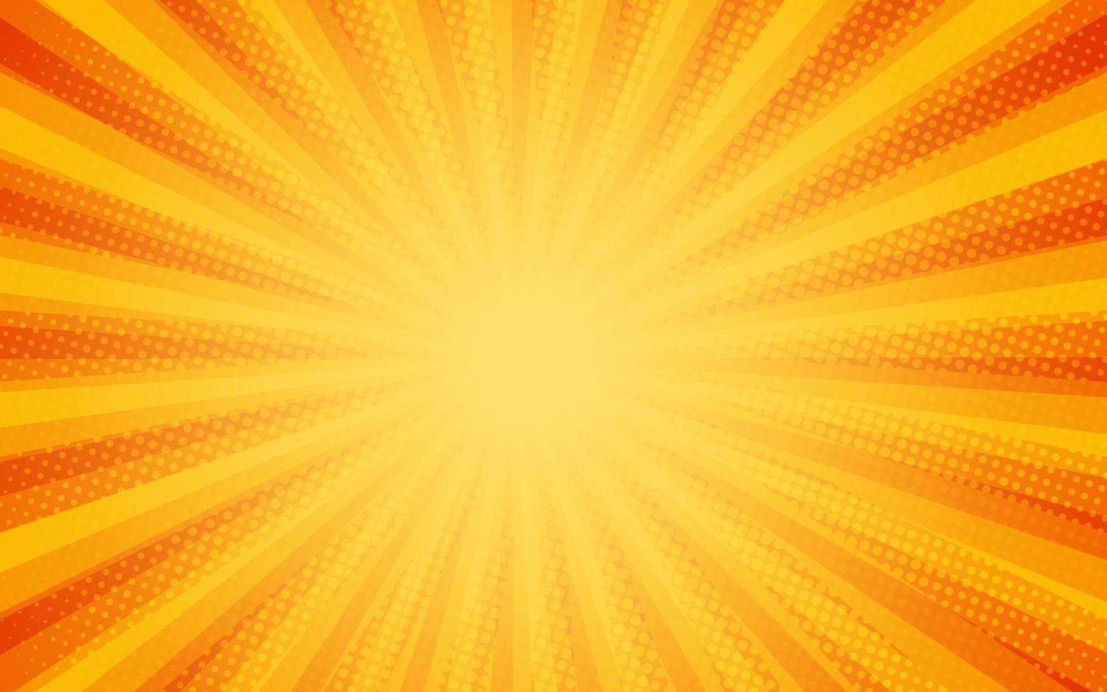 rayons de soleil style vintage rétro sur fond jaune et orange, motif comique avec starburst et demi-teintes. effet sunburst rétro de dessin animé avec des points. des rayons. illustration vectorielle de bannière d'été vecteur