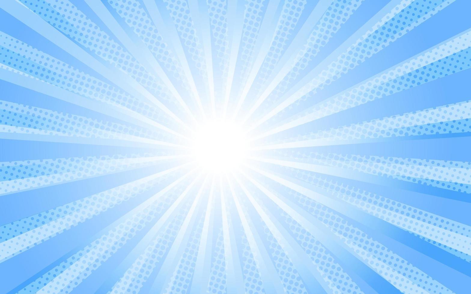 rayons de soleil style vintage rétro sur fond bleu, motif comique avec starburst et demi-teintes. effet sunburst rétro de dessin animé avec des points. des rayons. illustration vectorielle de bannière d'été vecteur