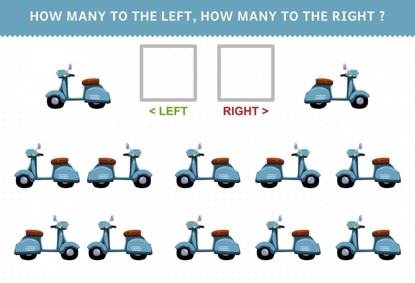 jeu éducatif pour les enfants de compter l'image gauche et droite avec un moteur de scooter de dessin animé mignon vecteur