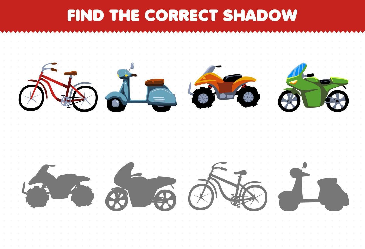 jeu éducatif pour les enfants trouver le bon ensemble d'ombres de transport à vélo vecteur