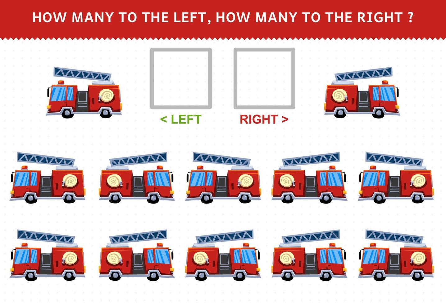 jeu éducatif pour les enfants de compter l'image gauche et droite avec un camion de pompier de dessin animé mignon vecteur