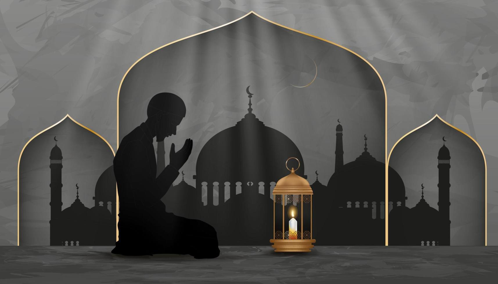 eid mubarak toile de fond silhouette homme musulman faisant une supplication, mosquée islamique traditionnelle avec lumière de lanterne, croissant de lune, image vectorielle eid mubarak, ramadan kareem, eid al fitr, bannière eid al adha vecteur