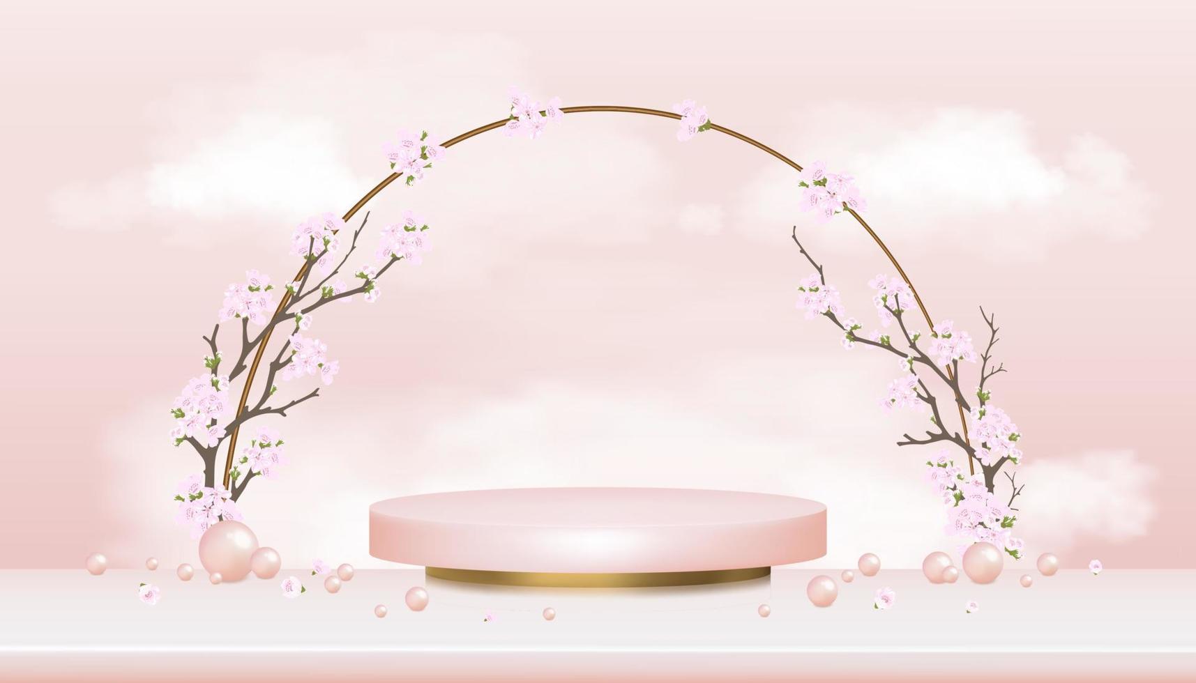 affichage podium avec fleur de cerisier, ciel rose avec fond de nuage moelleux, toile de fond d'illustration vectorielle fleur de printemps avec plate-forme de support de cylindre, salle de studio avec branches épanouies fleurs de sakura vecteur