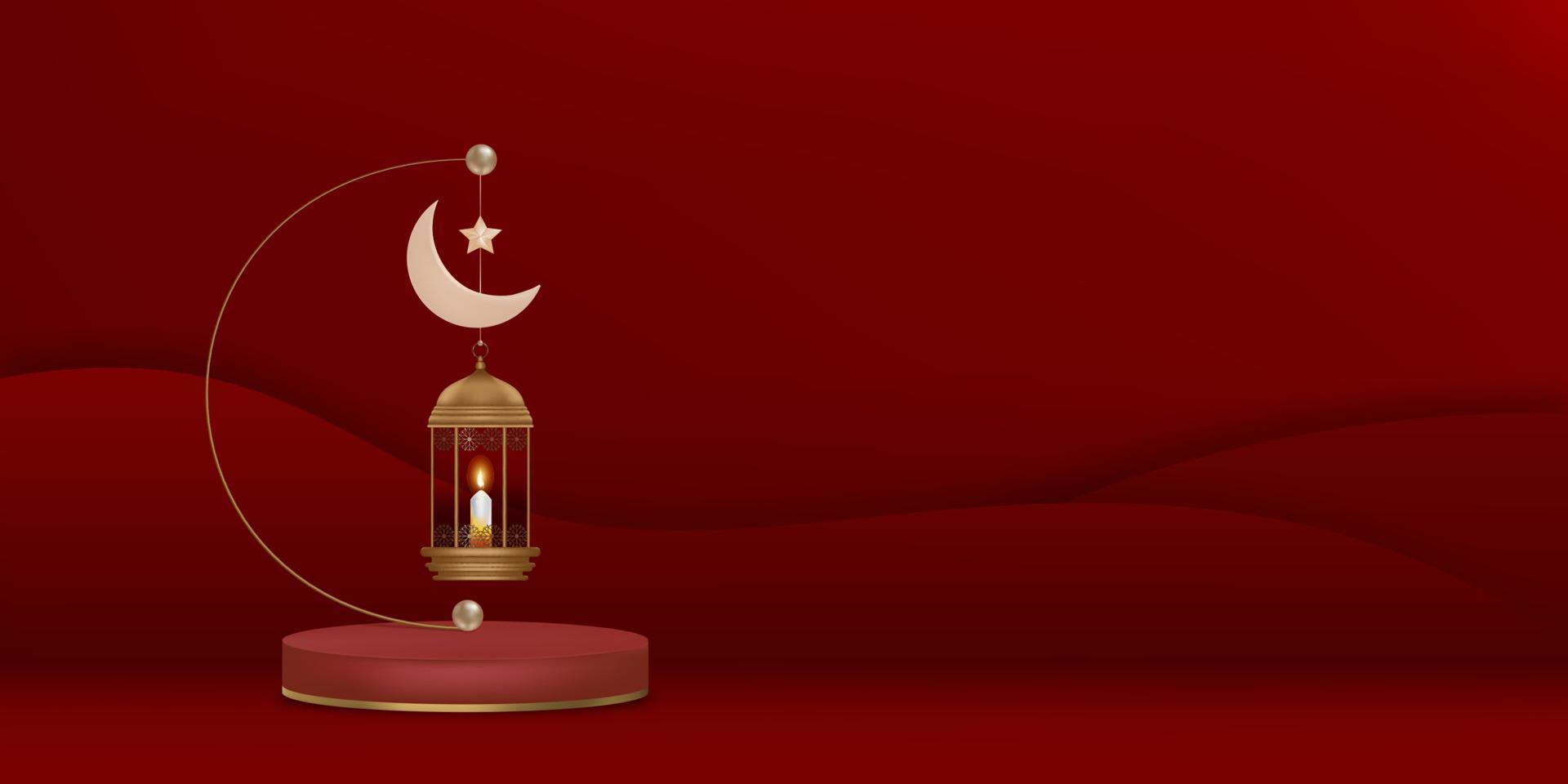 fond de carte de voeux eid mubarak avec croissant de lune, étoile et lanterne islamique traditionnelle sur fond de mur découpé en papier rouge. fond de vecteur de symbolique musulmane pour le ramadan kareem, aid el fitre