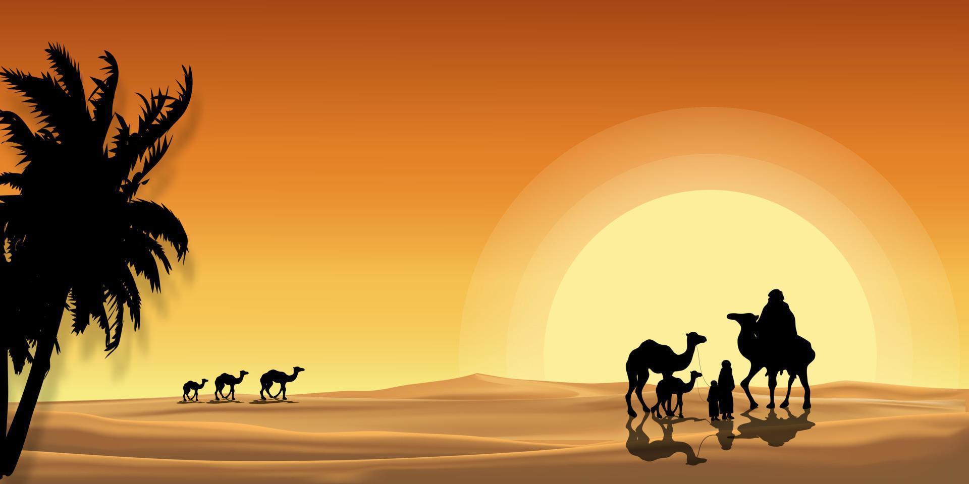 paysage désertique vectoriel coucher de soleil avec caravane musulmane chevauchant des chameaux traversant les dunes de sable avec réflexion de la lumière du soleil orange, eid mubarak ou ramadan kareem carte de voeux