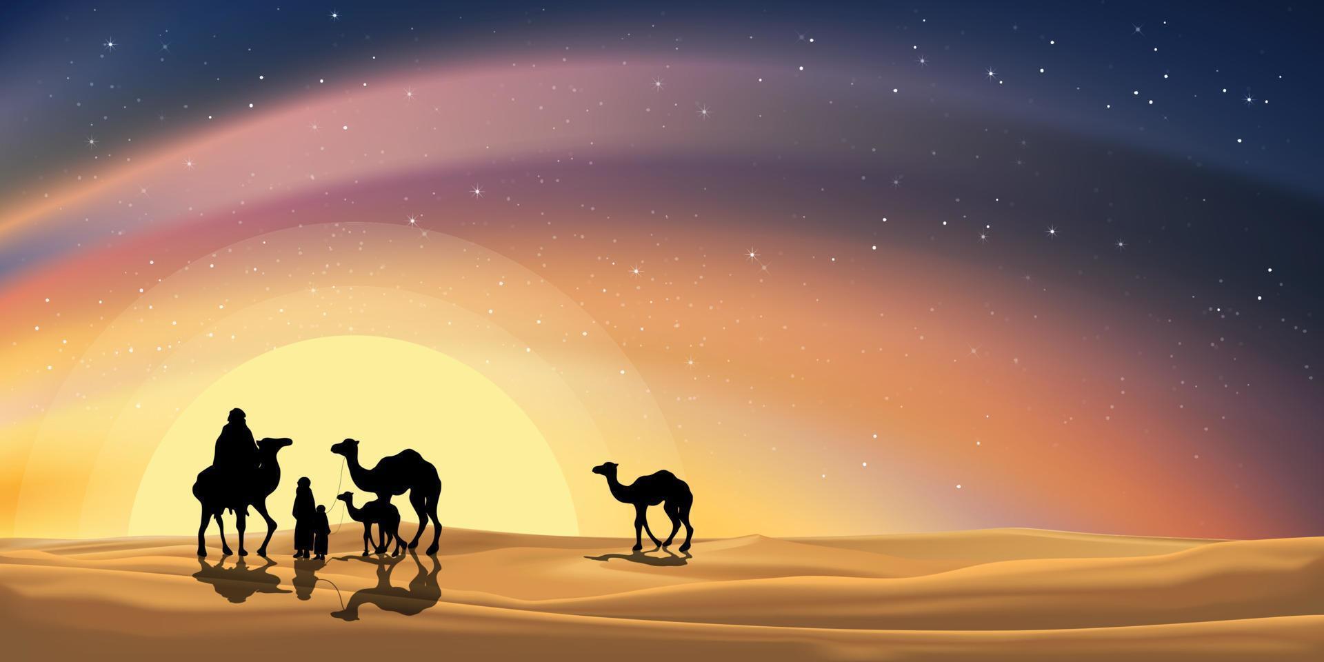 paysage désertique de vecteur avec une famille arabe ou une caravane musulmane chevauchant des chameaux traversant les dunes de sable avec un ciel étoilé de voie lactée avec réflexion de la lumière du soleil orange, concept de ramadan kareem