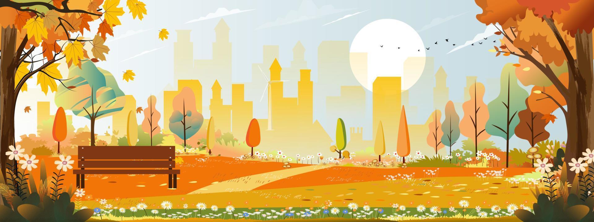 paysage d'automne avec ville de construction avec ciel bleu derrière le parc, illustration vectorielle dessin animé saison d'automne à la ville le matin, paysage urbain jardin naturel avec banc en bois, fleur dans un parc public vecteur