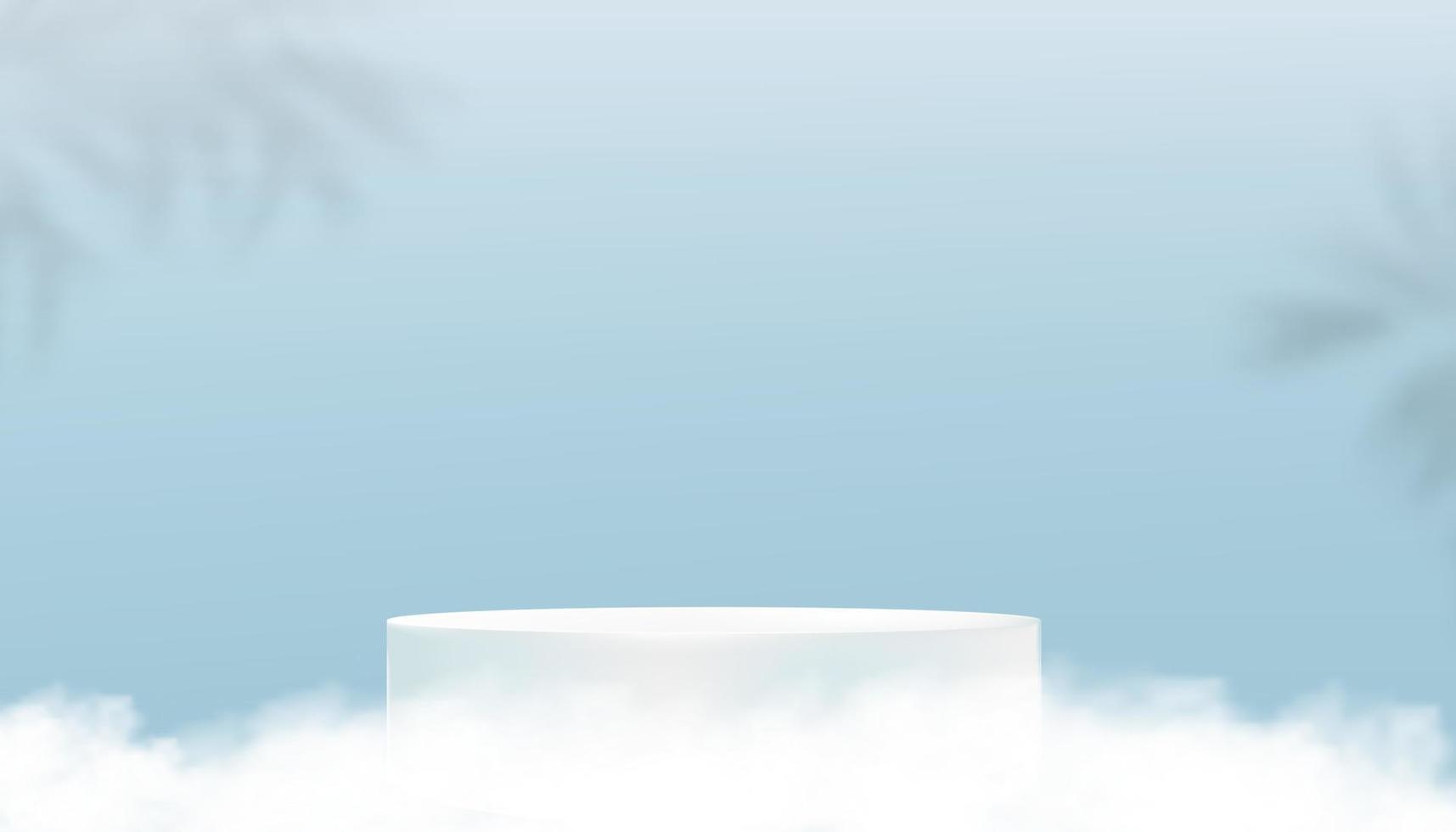 toile de fond de la salle de studio avec affichage du podium 3d, feuille de palmier, nuage, ciel bleu sur fond de mur, maquette de cylindre de bannière d'illustration vectorielle, conception minimale pour le printemps, présentation du produit d'été vecteur