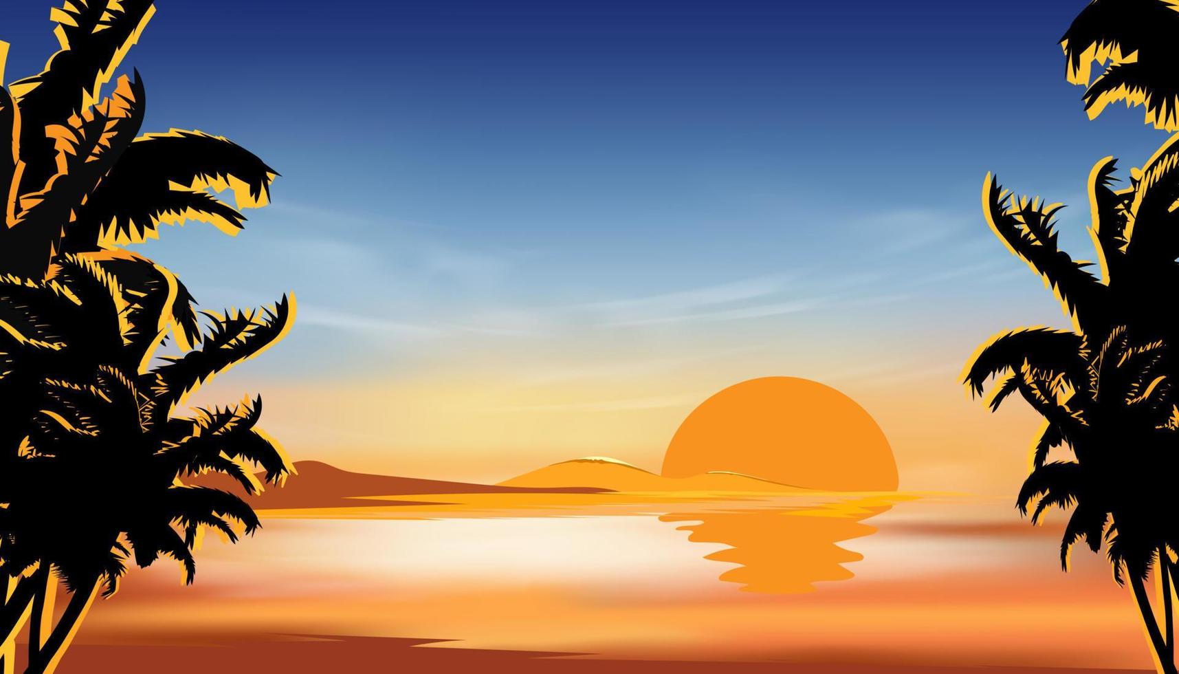 paysage tropical avec beau coucher de soleil en soirée, illustration vectorielle, panorama mer plage coucher de soleil avec cocotiers et ciel orange, silhouette de palmiers contre un coucher de soleil dans l'océan vecteur