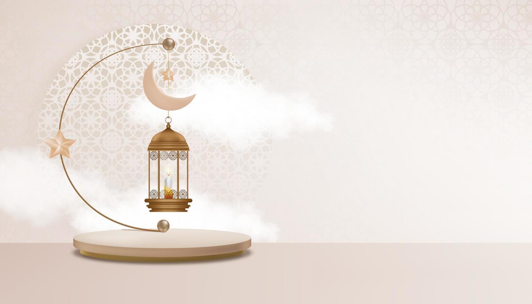 podium islamique avec lanterne islamique traditionnelle avec croissant de lune, étoile suspendue sur fond beige, toile de fond vectorielle de la religion de la symbolique musulmane, eid ul fitr, ramadan kareem, eid al adha, eid mubarak vecteur