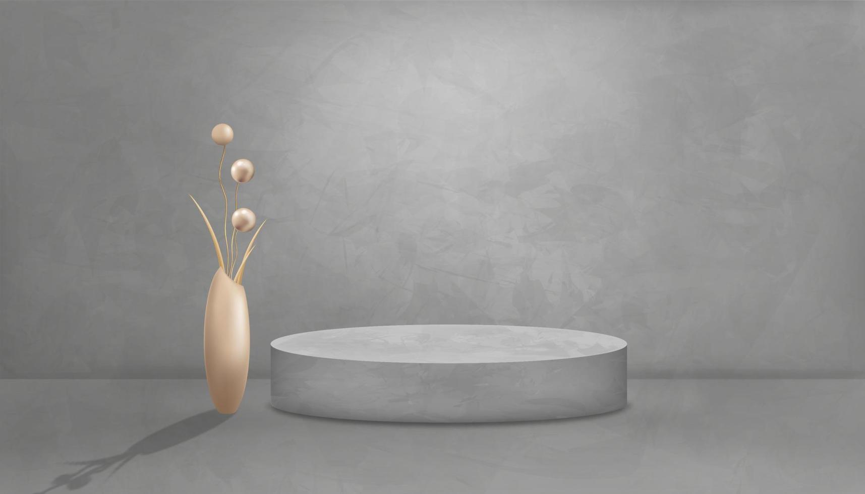 salle de studio de mur gris avec bourgeon de fleur d'or rose dans un vase sur la maquette du podium, texture de fond en ciment gris du sol, toile de fond vectorielle 3d de surface en béton gris foncé. bannière pour le concept de conception de loft vecteur