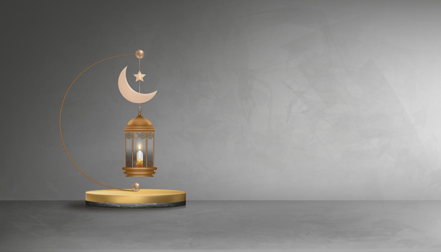 fond de carte de voeux eid mubarak avec croissant de lune, étoile, lanterne islamique traditionnelle sur fond de texture de mur de ciment gris. fond vectoriel de symbolique musulmane pour le ramadan