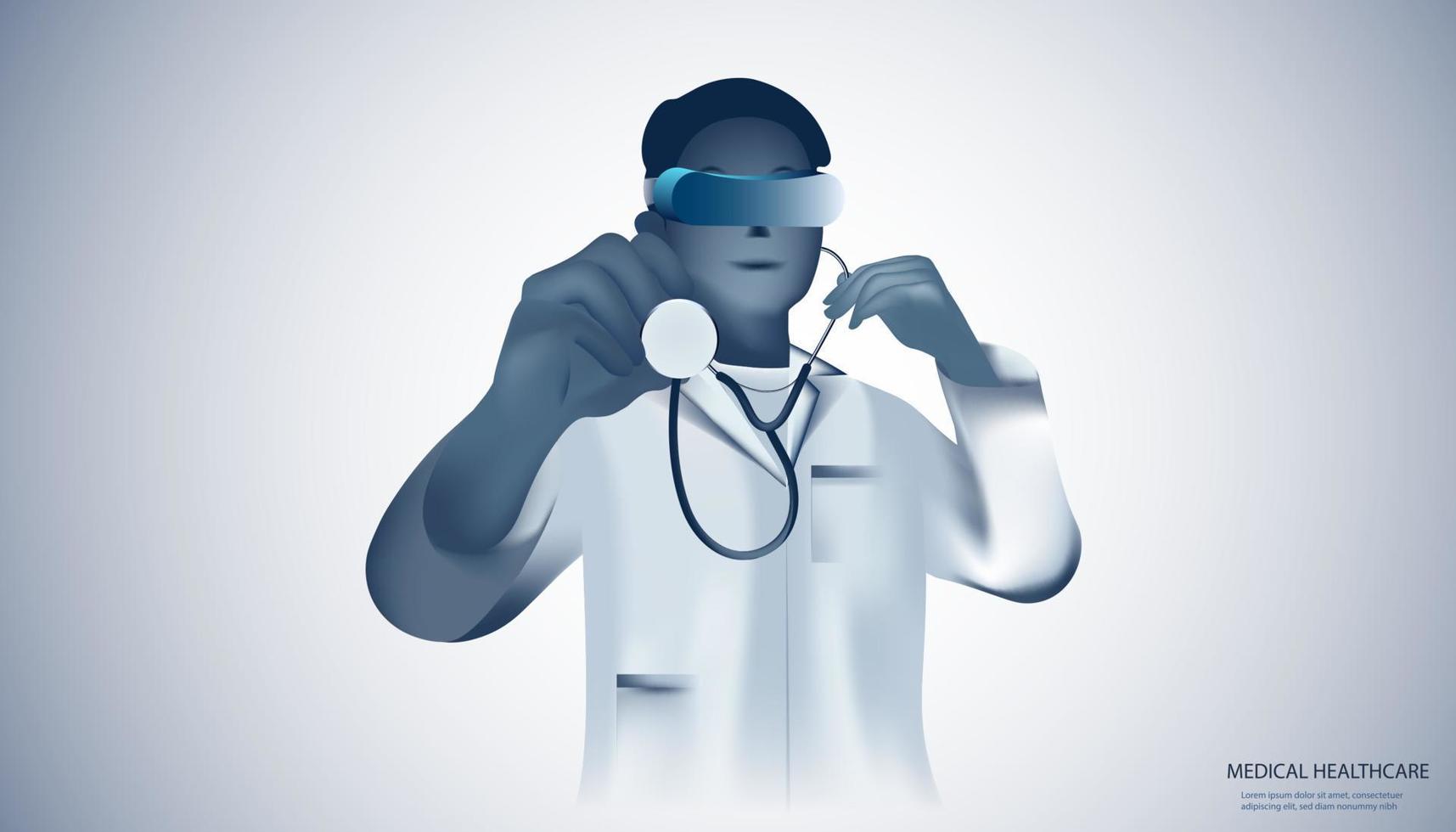 la santé abstraite consiste en un médecin blanc avec stéthoscope et lunettes vr concept de technologie numérique médecin en ligne télémédecine technologie médicale moderne traitement médecine sur fond futur de haute technologie. vecteur