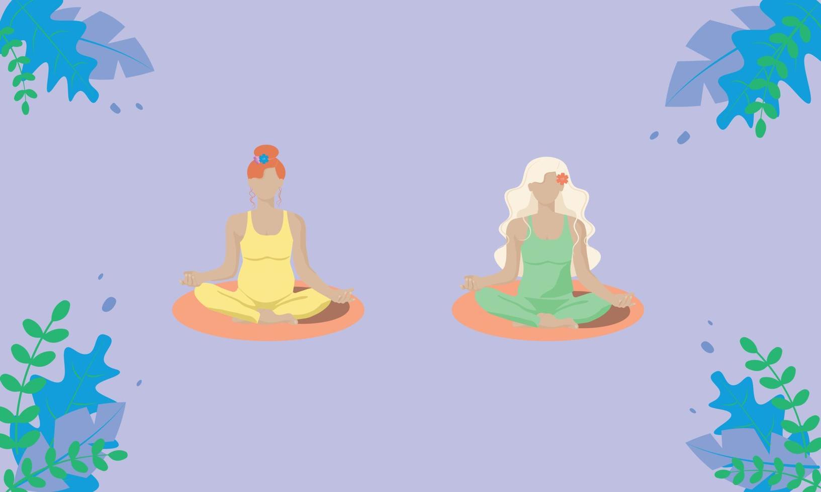 deux filles, une fille enceinte, de style sans visage avec des cheveux rouges et blonds en costumes jaunes et verts sont assises en position de lotus et font du yoga. vecteur
