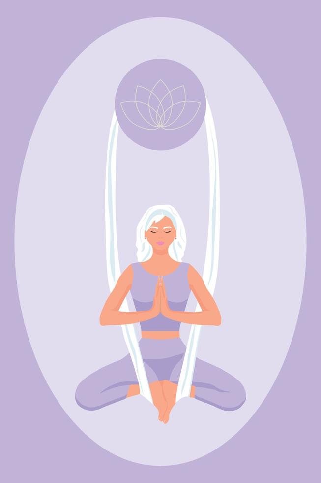 une fille médite, fait du yoga aérien, se bloque en position de lotus sur des rubans dans le style sans visage vecteur