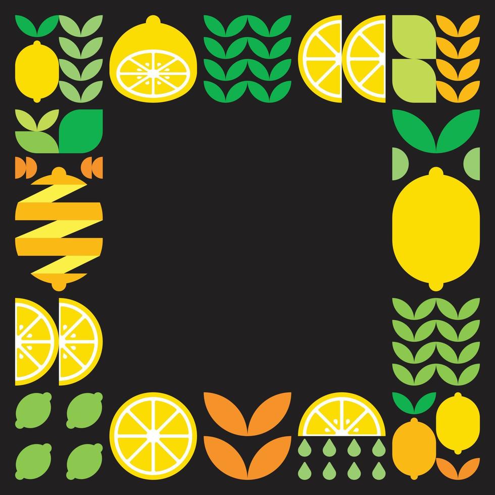 cadre vectoriel plat minimaliste, symbole d'icône de fruit de citron. illustration géométrique simple d'agrumes, d'oranges, de limonade et de feuilles. motif abstrait sur fond noir. pour l'espace de copie, les publications sur les réseaux sociaux.