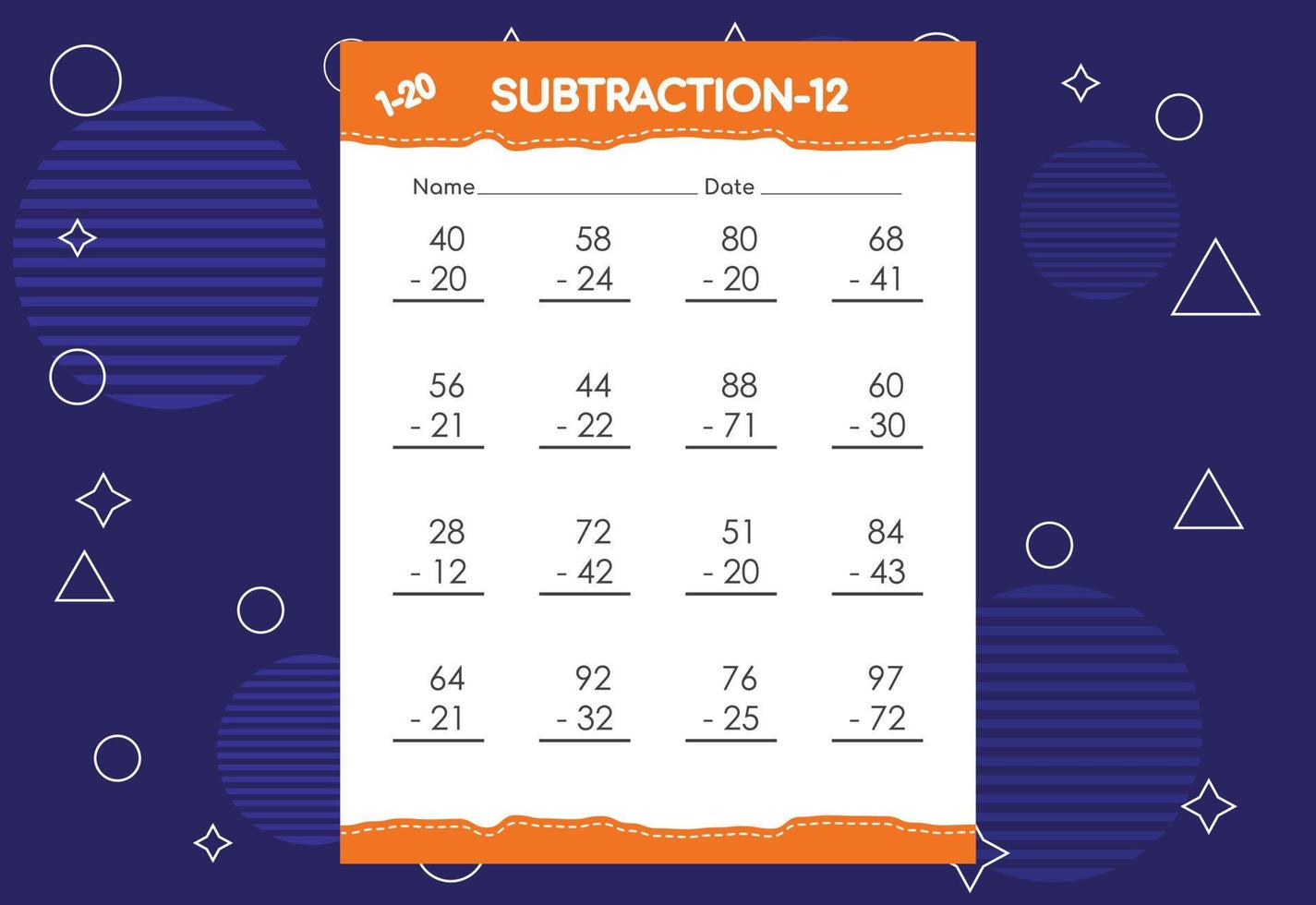 feuille de calcul de soustraction pour les enfants. feuille de travail d'activités mathématiques éducatives pour les enfants vecteur