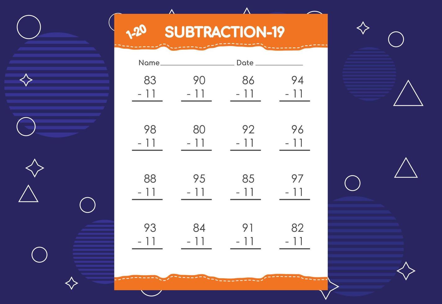 feuille de calcul de soustraction pour les enfants. feuille de travail d'activités mathématiques éducatives pour les enfants vecteur