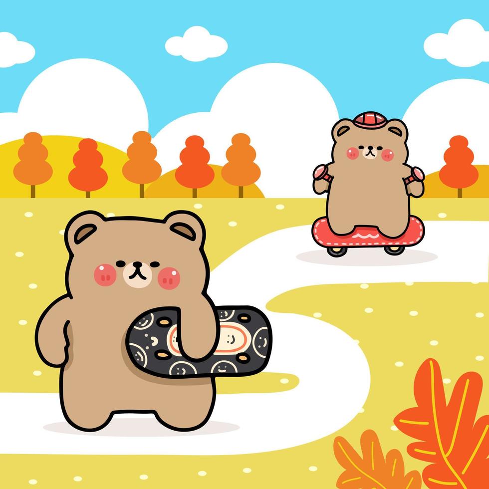 ours de personnage de dessin animé jouant au tableau de croquis dans un parc public, saison d'automne, illustration plate vecteur