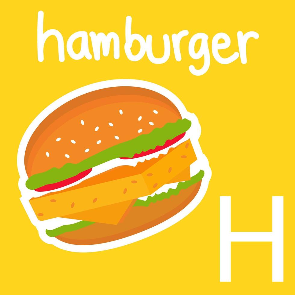 illustration de l'alphabet, une lettre blanche h et un hamburger. style de vecteur de dessin animé pour votre conception.