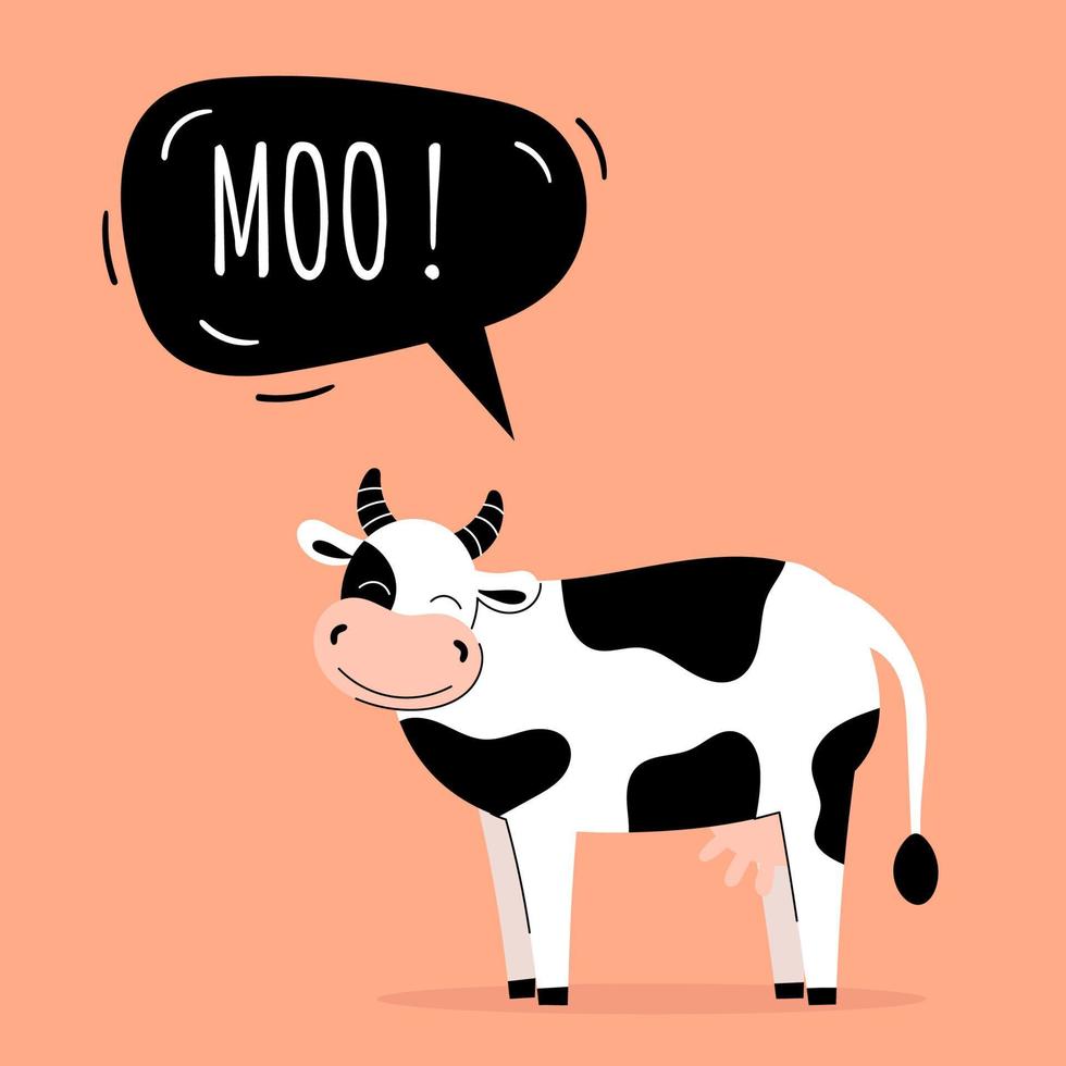 une jolie vache dit moo. animaux de la ferme. bulle de dialogue, cartes pour enfants, enseignement pour enfants. illustration vectorielle plane vecteur