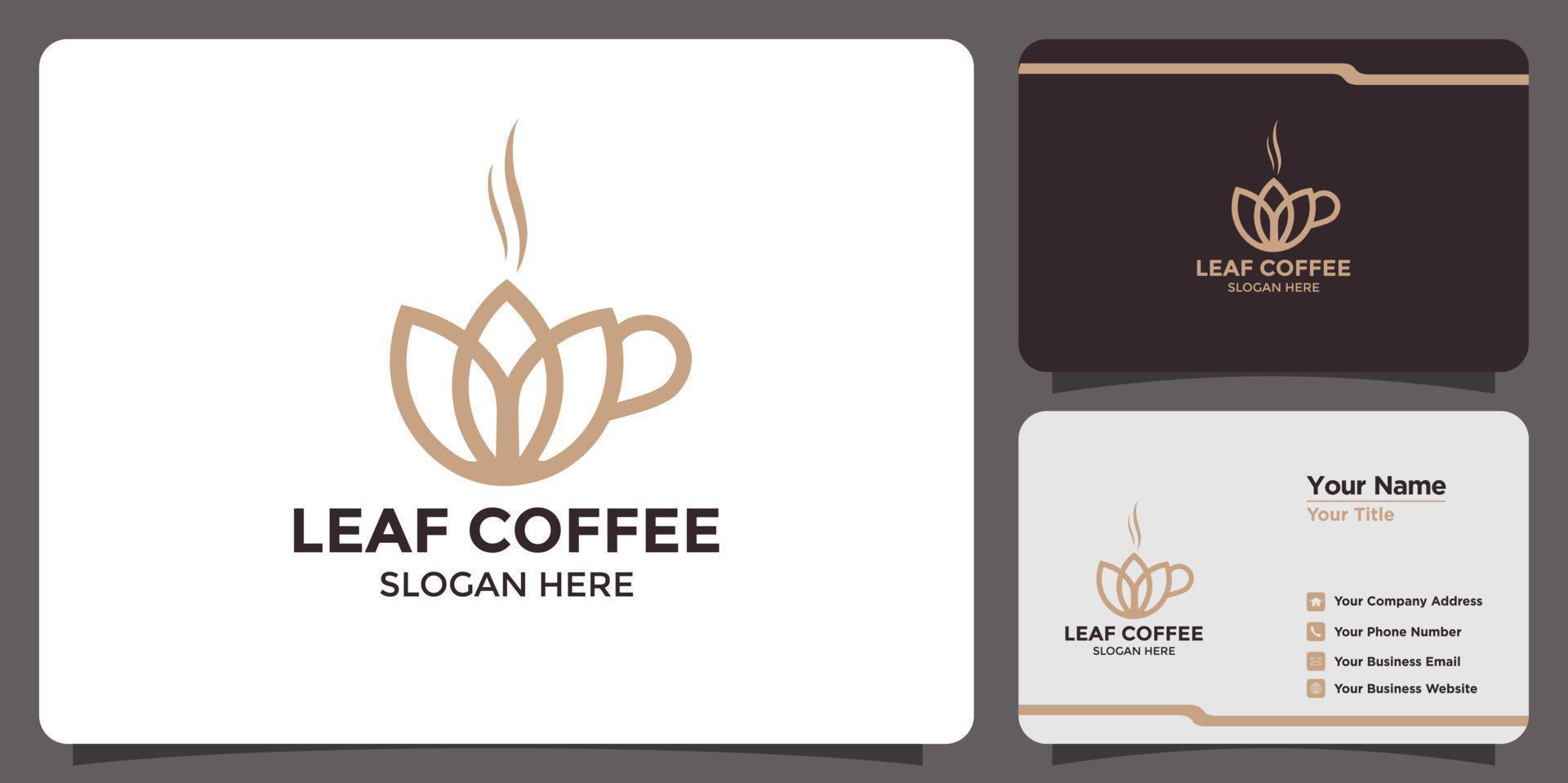 logo design feuille et café avec carte de visite vecteur