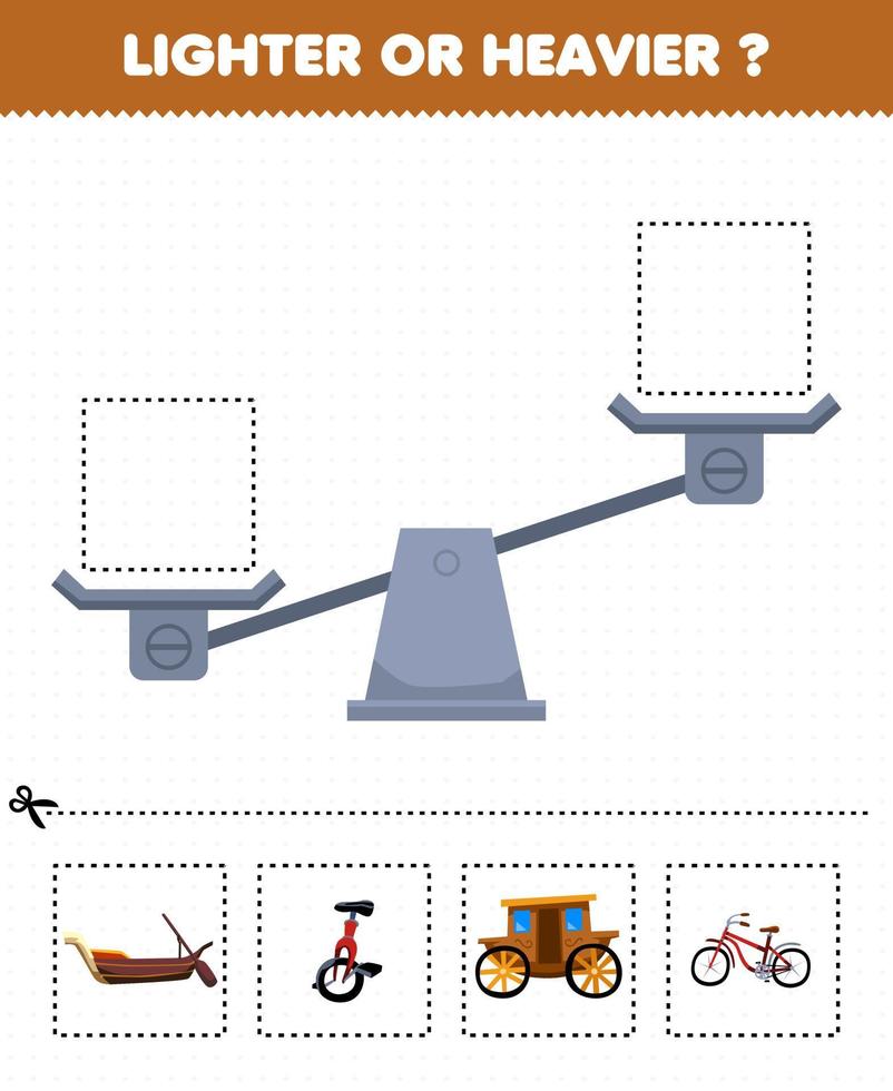 jeu éducatif pour les enfants plus légers ou plus lourds découpez les images ci-dessous et collez-les dans la bonne boîte avec dessin animé transport gondole monocycle calèche vélo vecteur