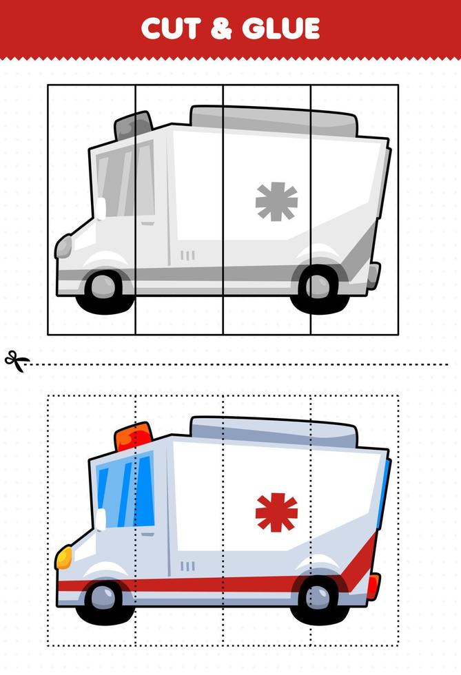 jeu éducatif pour enfants coupé et collé avec ambulance de transport de dessin animé vecteur