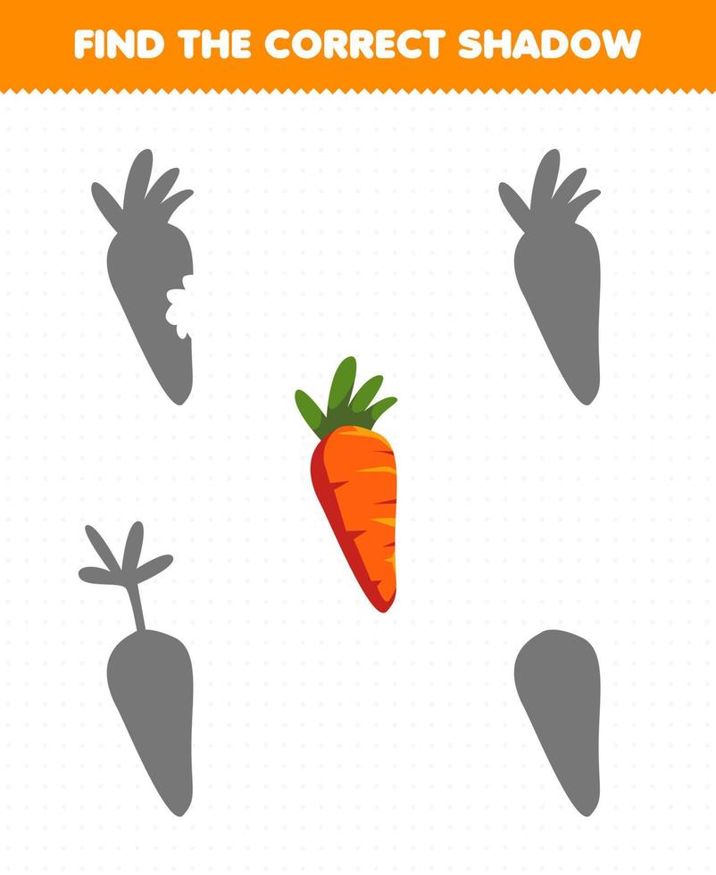 jeu éducatif pour les enfants trouver le bon ensemble d'ombres de carottes de légumes de dessin animé vecteur