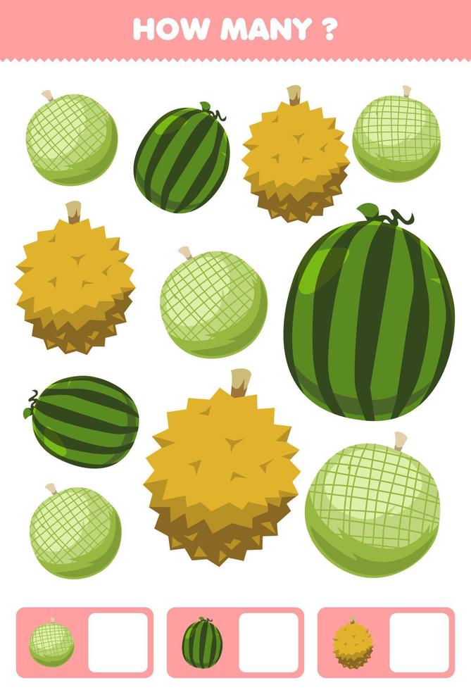 jeu éducatif pour les enfants activité de recherche et de comptage pour le préscolaire combien de fruits de dessin animé melon pastèque durian vecteur