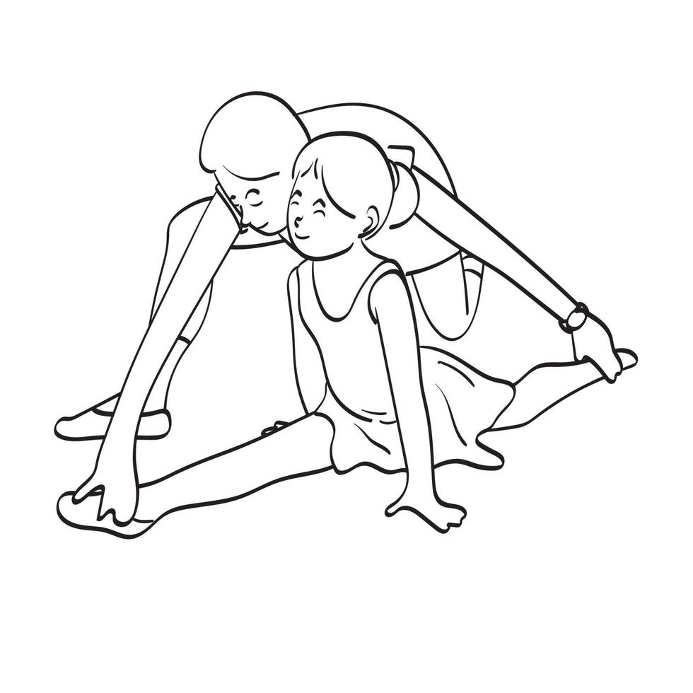 dessin au trait femme entraîneur danse formateur enseignant aidant fille adolescente à étirer ses jambes illustration vecteur dessiné à la main isolé sur fond blanc
