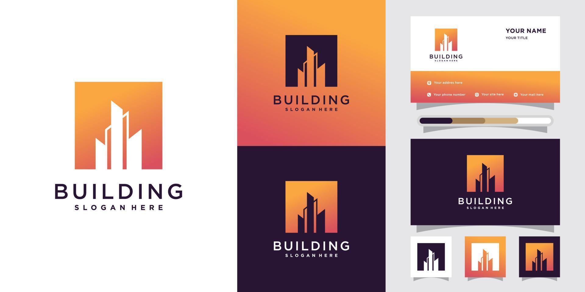 logo de construction de bâtiment avec concept d'espace négatif et conception de carte de visite vecteur premium