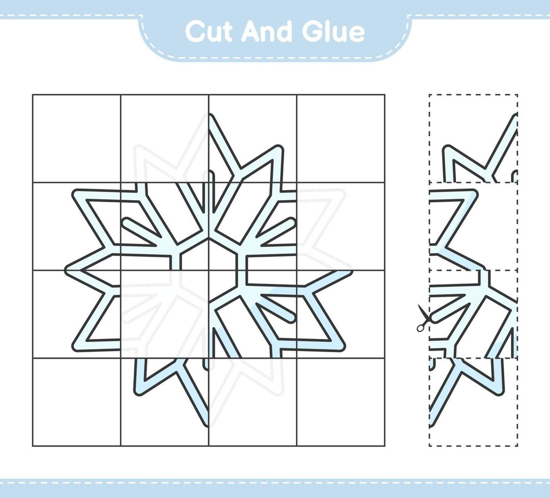 couper et coller, couper des parties de flocon de neige et les coller. jeu éducatif pour enfants, feuille de calcul imprimable, illustration vectorielle vecteur