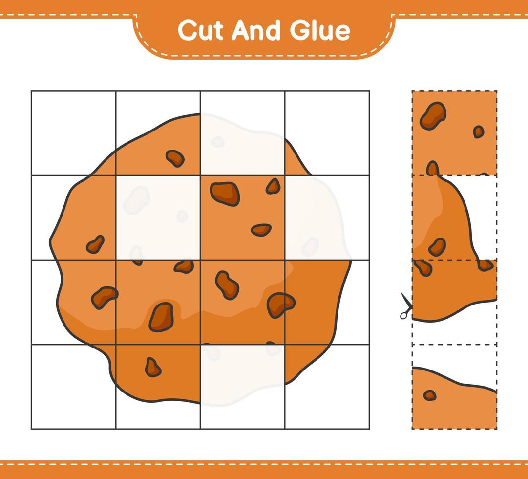 couper et coller, couper des parties de biscuit et les coller. jeu éducatif pour enfants, feuille de calcul imprimable, illustration vectorielle vecteur