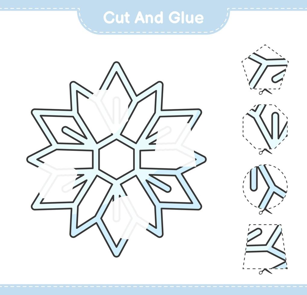 couper et coller, couper des parties de flocon de neige et les coller. jeu éducatif pour enfants, feuille de calcul imprimable, illustration vectorielle vecteur