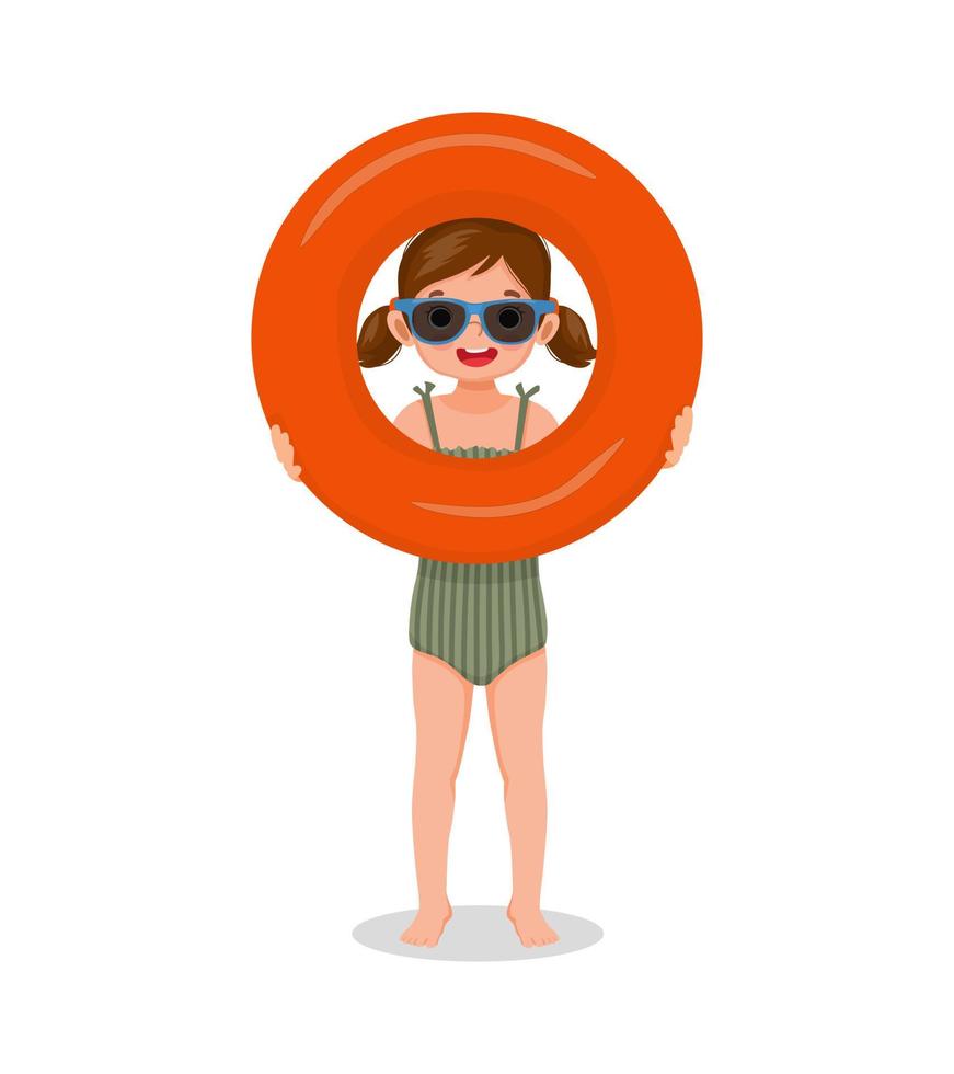 jolie petite fille avec maillot de bain et lunettes de soleil regardant à travers un anneau en caoutchouc gonflable s'amusant à l'heure d'été vecteur