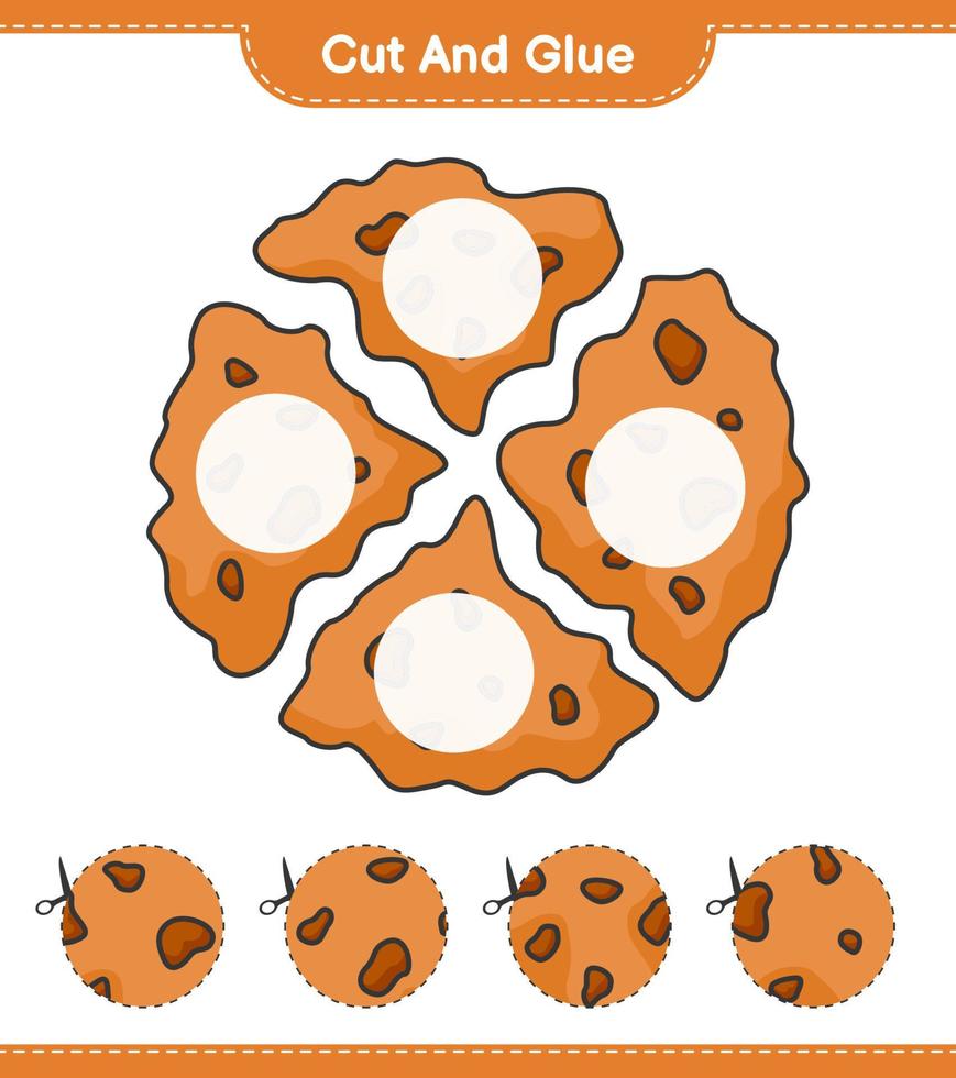 couper et coller, couper des parties de biscuit et les coller. jeu éducatif pour enfants, feuille de calcul imprimable, illustration vectorielle vecteur