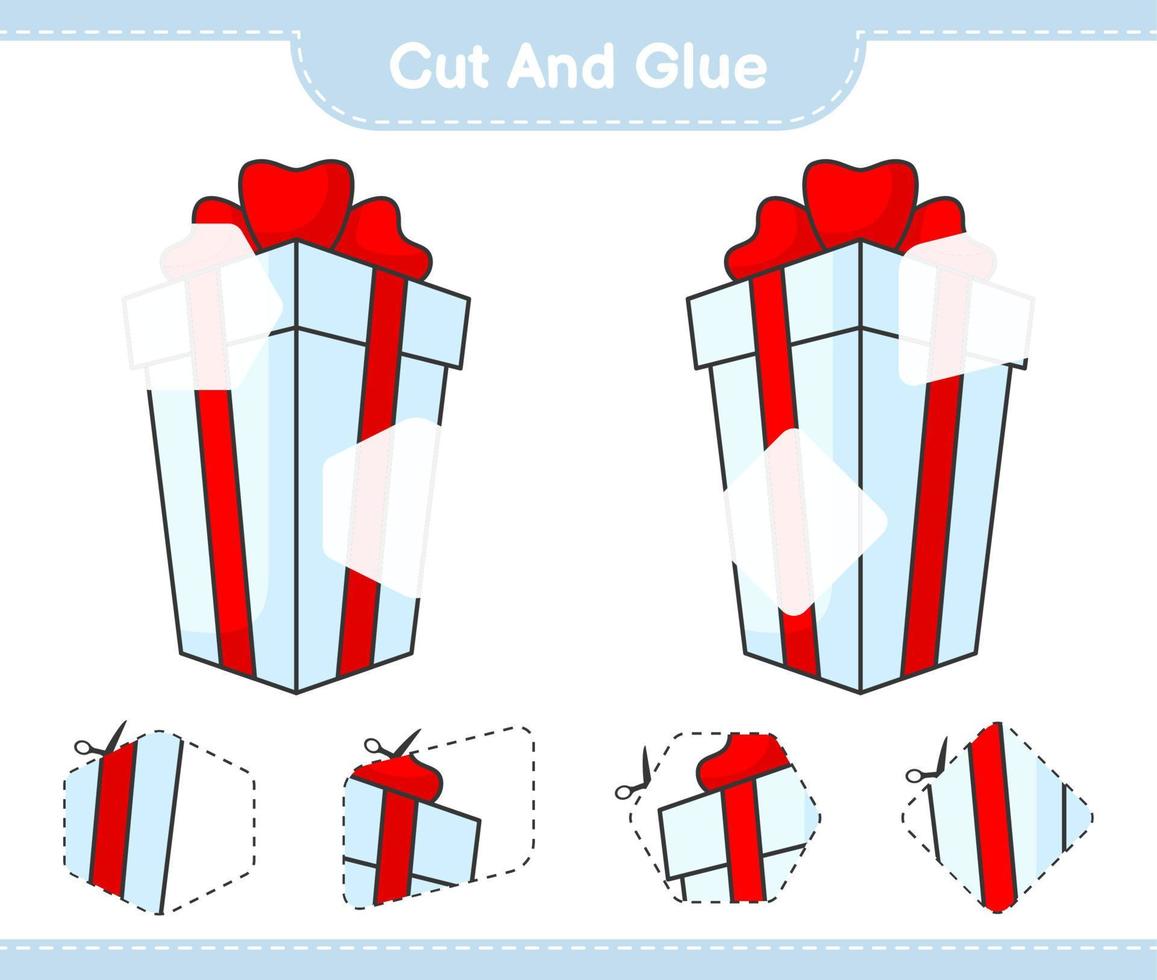 couper et coller, couper des parties de la boîte-cadeau et les coller. jeu éducatif pour enfants, feuille de calcul imprimable, illustration vectorielle vecteur