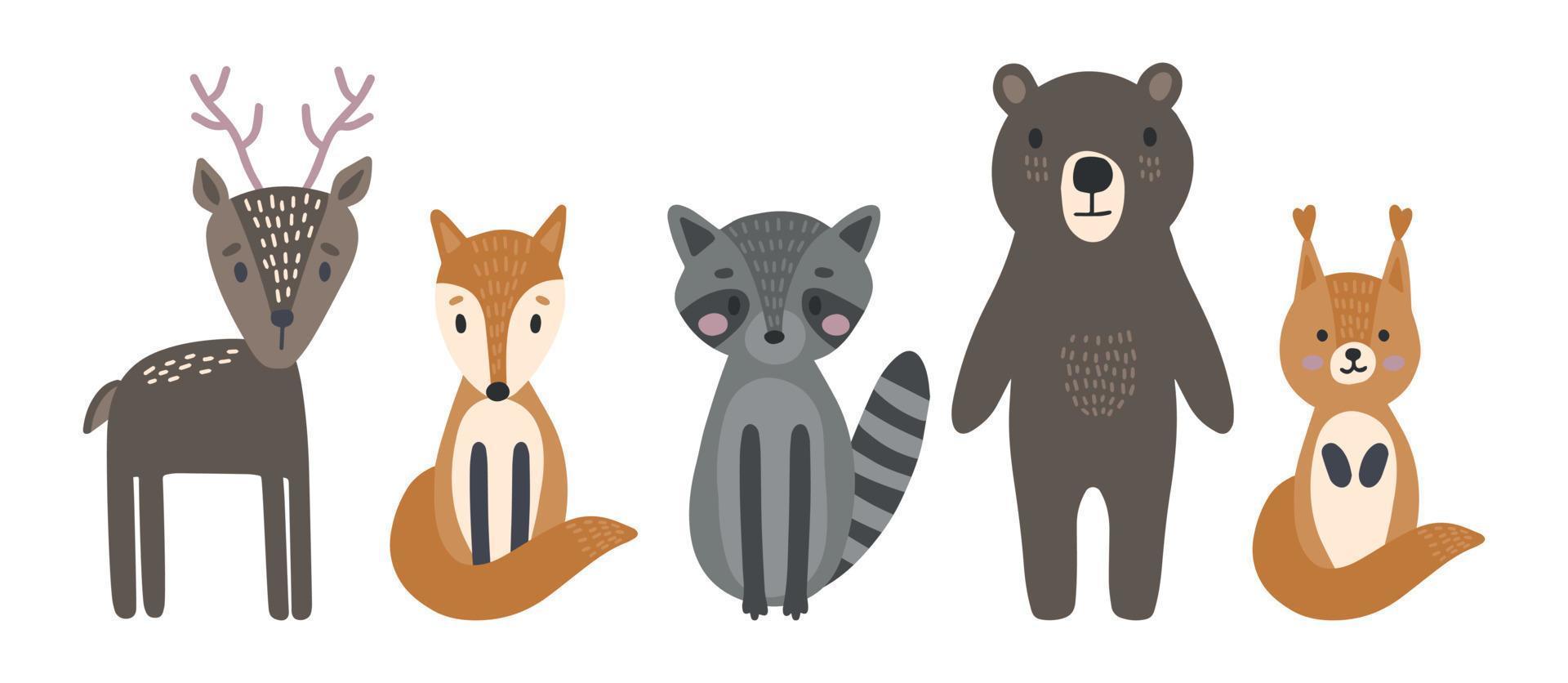 animaux mignons de style scandinave et éléments de conception. illustration moderne colorée avec place pour le texte, salutations d'anniversaire, bannière horizontale pour les vacances. vecteur