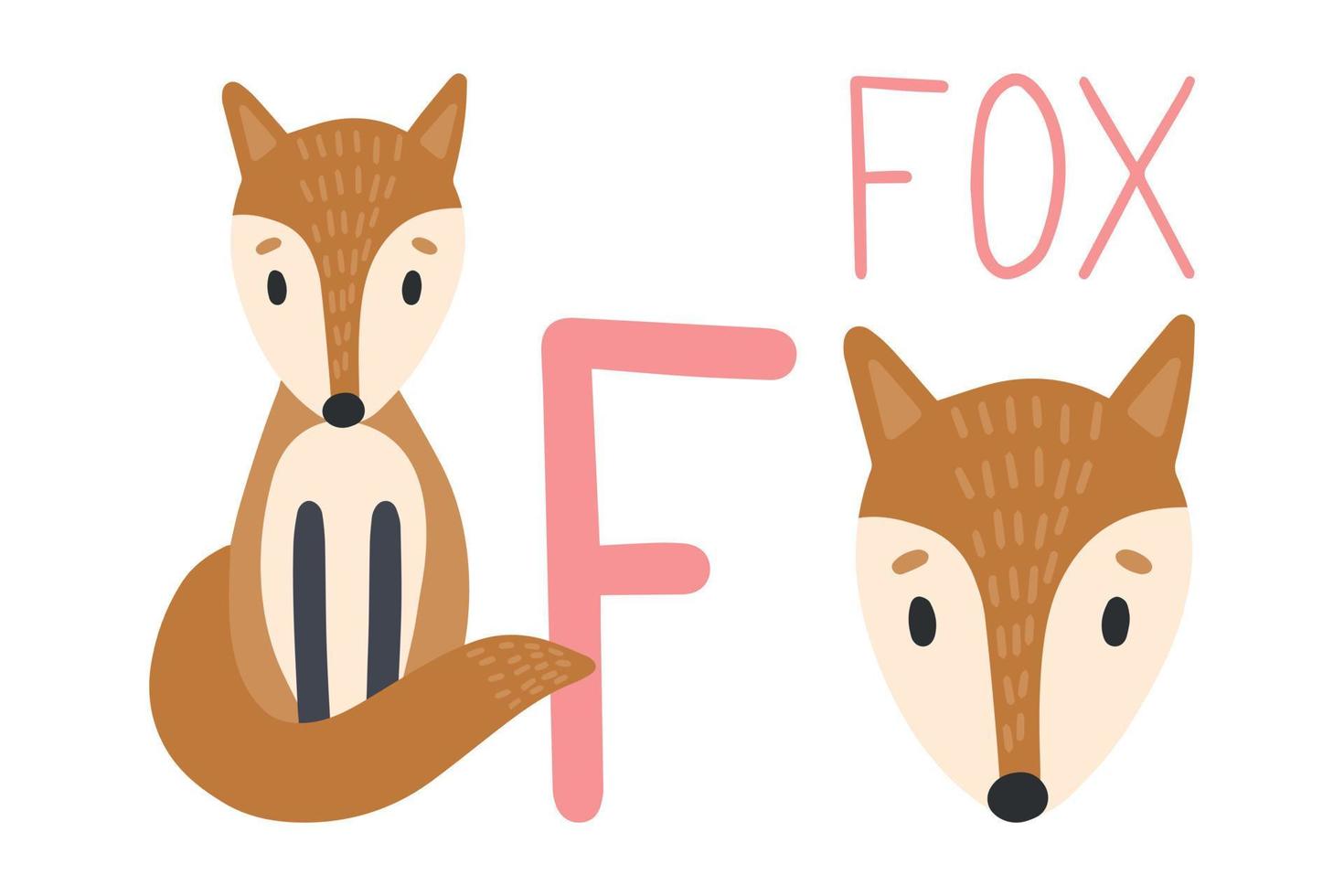 alphabet animal renard. dessiner à la main des animaux de la forêt dans un style scandinave. lettre d'apprentissage f. vecteur