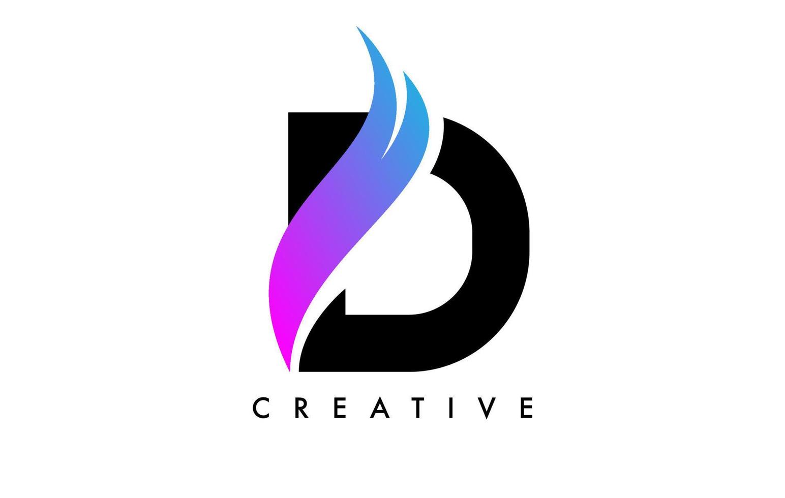 création d'icône de logo lettre d avec swoosh violet et vecteur de forme de coupe incurvée créative