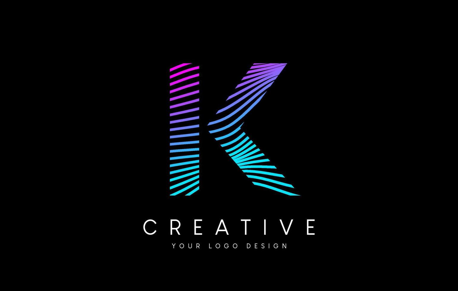 warp zebra lines lettre k création de logo avec des lignes violet néon et vecteur d'icône créative